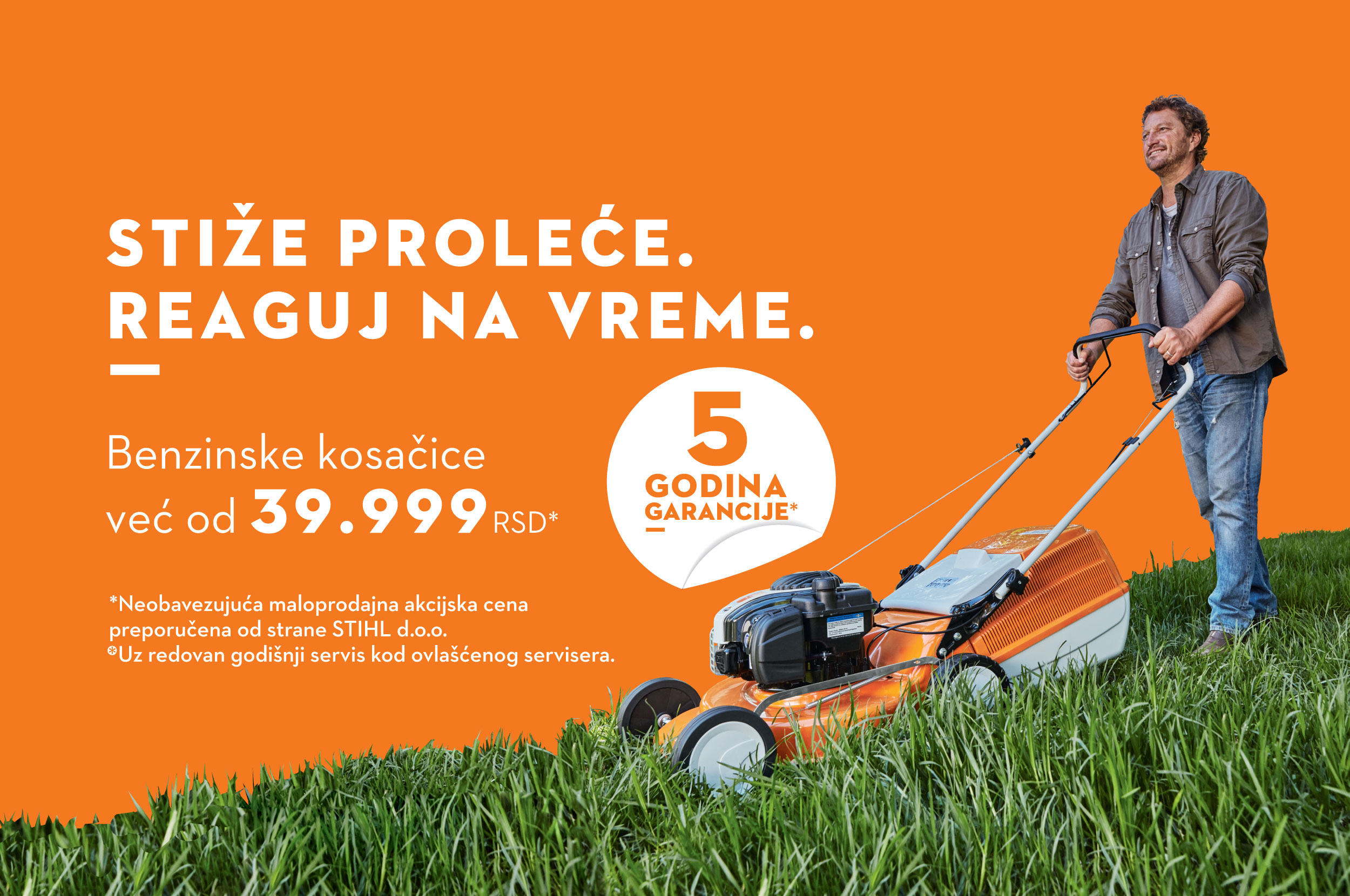 Čovek kosi travu sa kosačicom reklamna kampanja za mart april